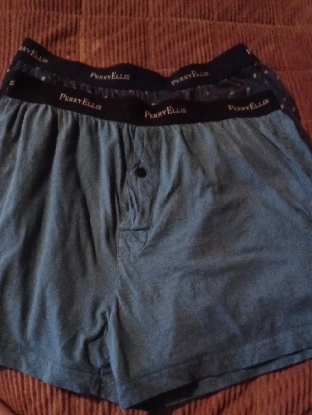 Perry Ellis Men's Blue And Patern Boxer Shorts with Black Waistband - 2 Pack
